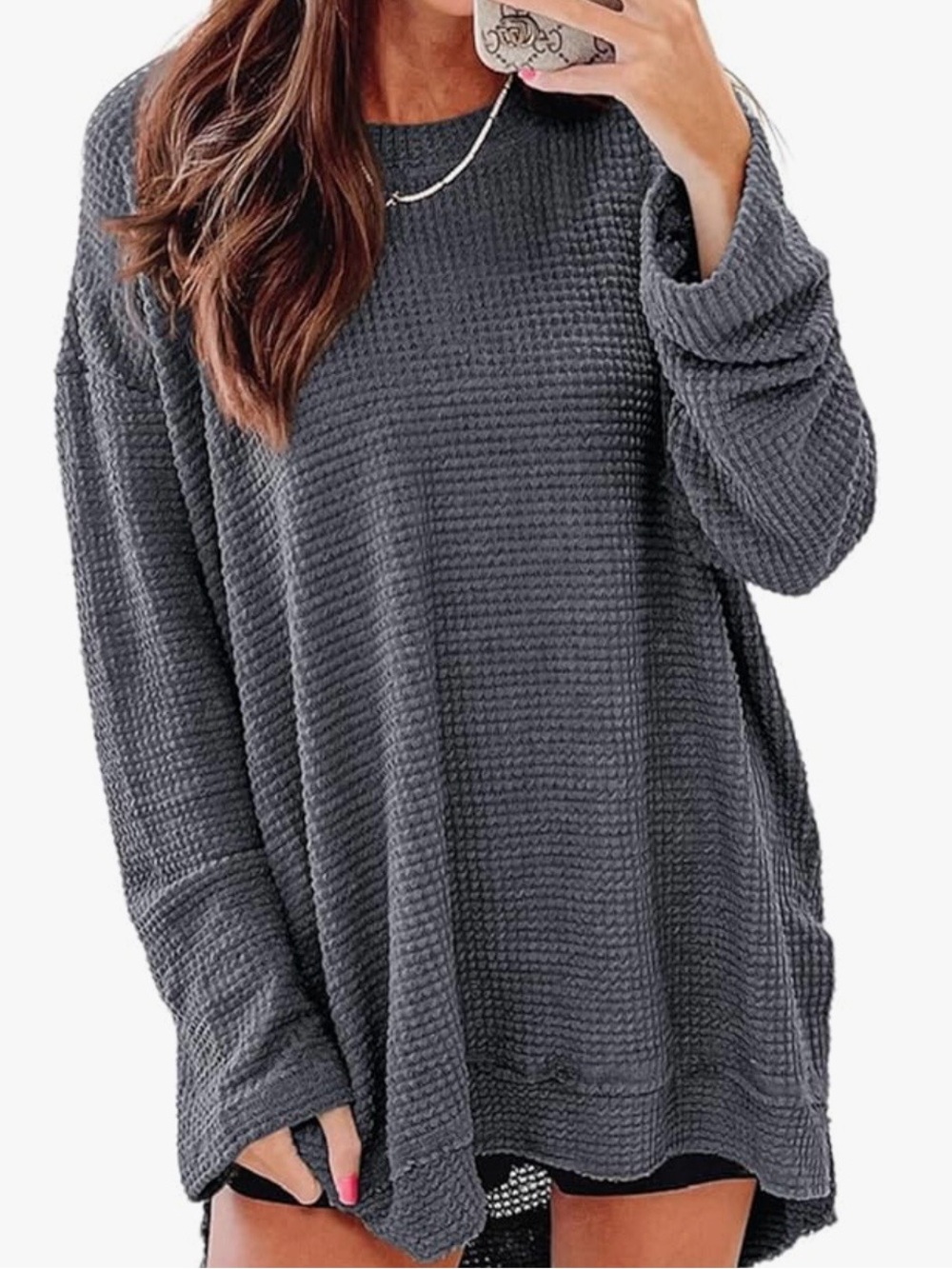 Waffle Knit Tunic Sweater - Charcoal Gray